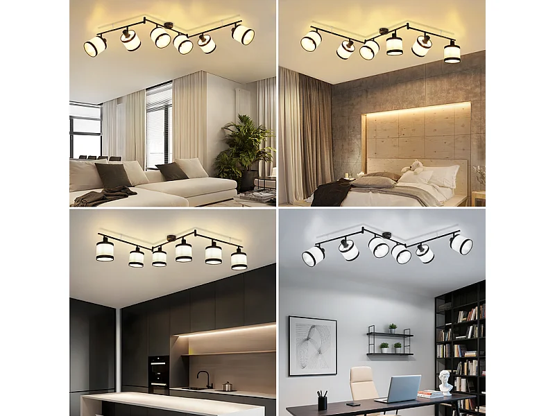 Spot de plafond NETTLIFE 6 flammes noir - Plafonnier E14 rétro en tissu, pivotant à 350°, pour salon, chambre, cuisine, bureau (sans ampoule)