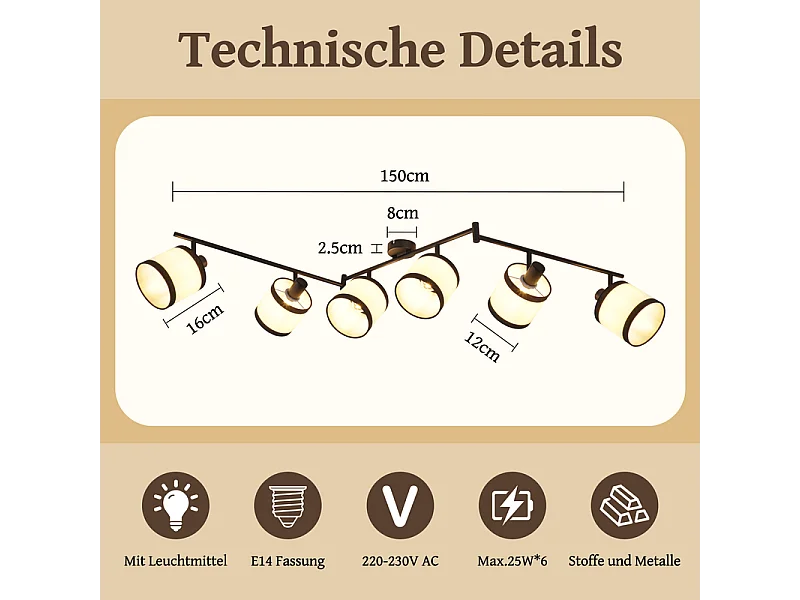 Spot de plafond NETTLIFE 6 flammes noir - Plafonnier E14 rétro en tissu, pivotant à 350°, pour salon, chambre, cuisine, bureau (sans ampoule)