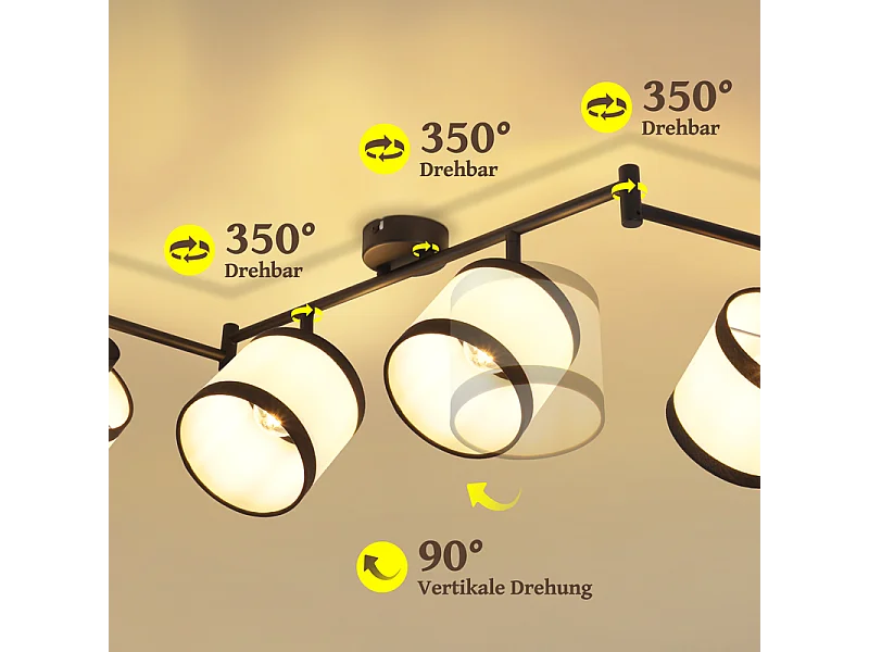 NETTLIFE - Foco de techo negro de 6 luces - Lámpara de techo retro de tela E14, giratoria 350°, para salón, dormitorio, cocina y oficina (sin bombilla)