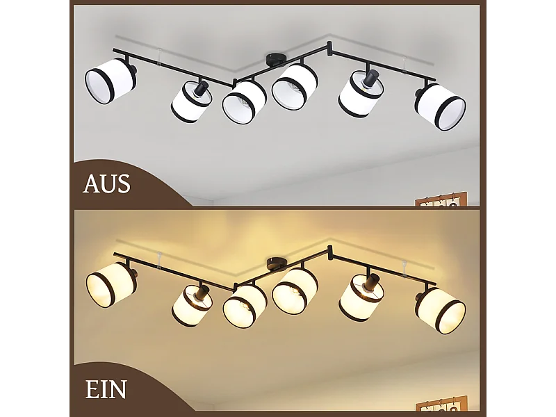 NETTLIFE - Foco de techo negro de 6 luces - Lámpara de techo retro de tela E14, giratoria 350°, para salón, dormitorio, cocina y oficina (sin bombilla)