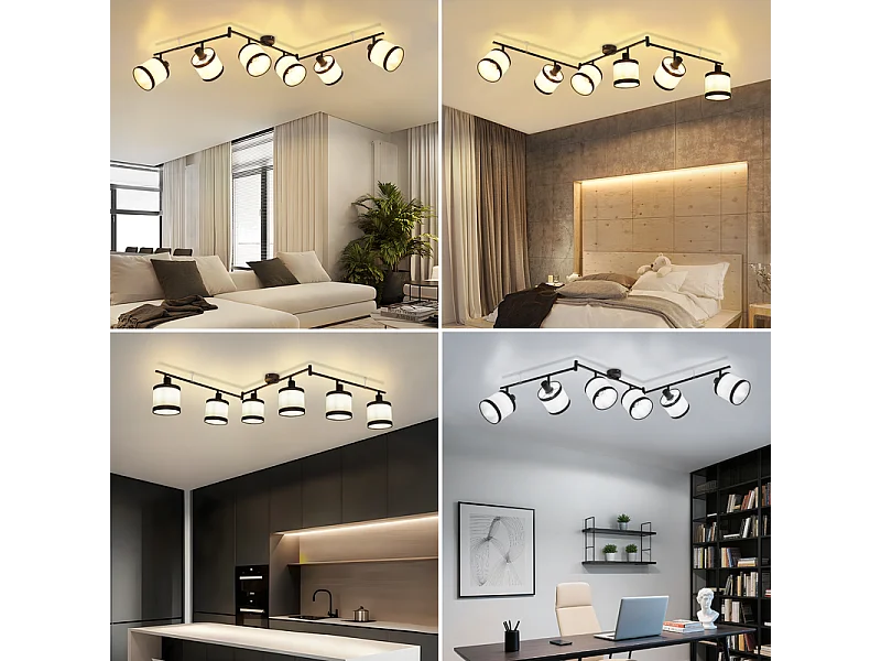 NETTLIFE - Foco de techo negro de 6 luces - Lámpara de techo retro de tela E14, giratoria 350°, para salón, dormitorio, cocina y oficina (sin bombilla)
