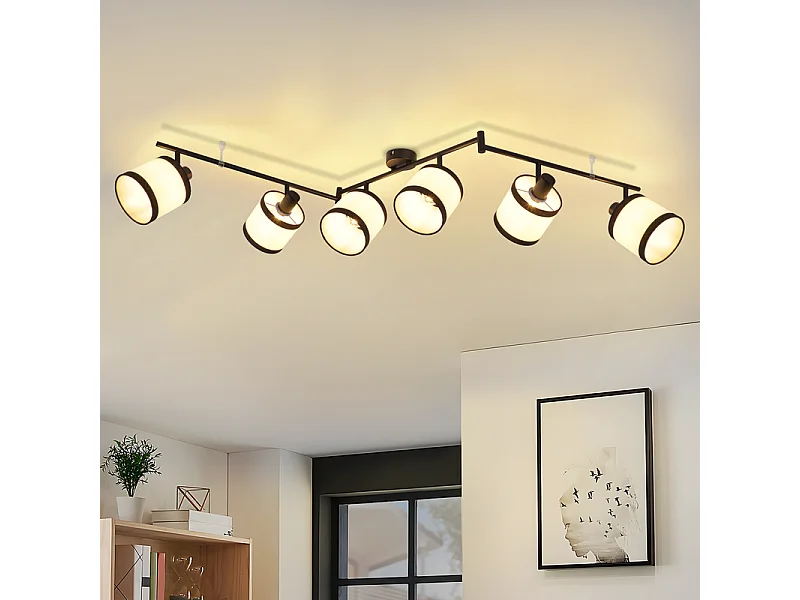 Spot de plafond NETTLIFE 6 flammes noir - Plafonnier E14 rétro en tissu, pivotant à 350°, pour salon, chambre, cuisine, bureau (sans ampoule)