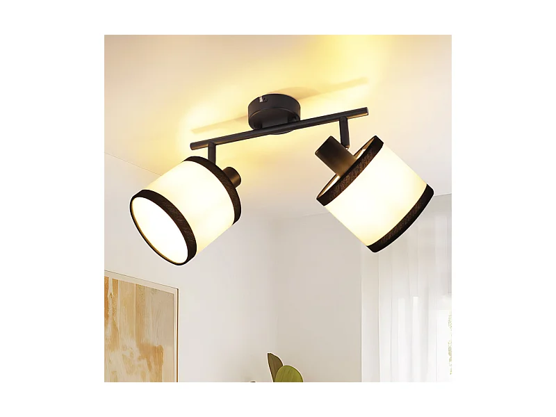 Spot de plafond NETTLIFE noir, lampe de couloir, 2 flammes - Spots de plafond LED E14, plafonnier en tissu, orientable, vintage (sans ampoule)