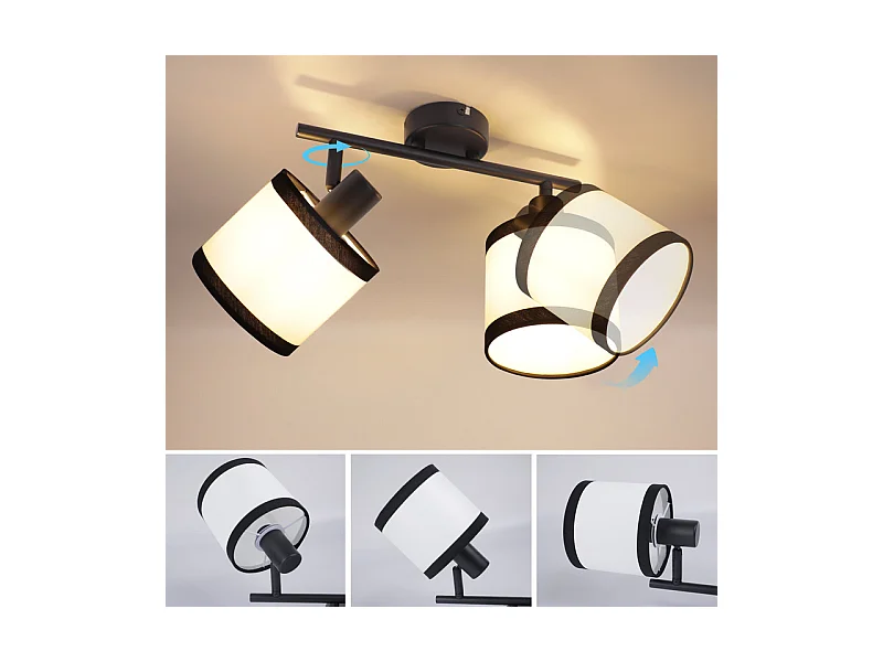 Spot de plafond NETTLIFE noir, lampe de couloir, 2 flammes - Spots de plafond LED E14, plafonnier en tissu, orientable, vintage (sans ampoule)