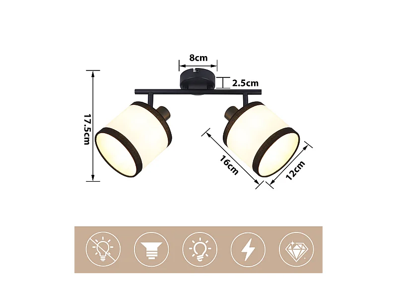 Spot de plafond NETTLIFE noir, lampe de couloir, 2 flammes - Spots de plafond LED E14, plafonnier en tissu, orientable, vintage (sans ampoule)