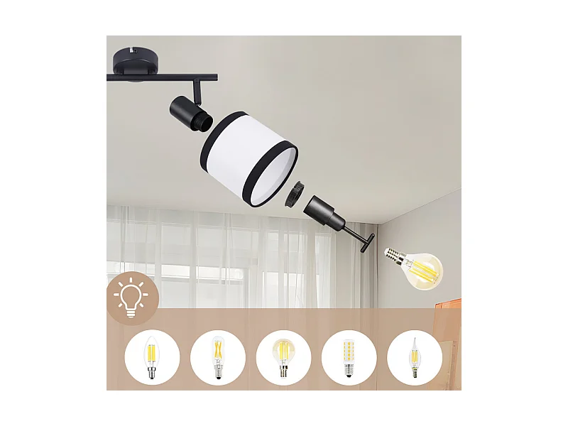 Spot de plafond NETTLIFE noir, lampe de couloir, 2 flammes - Spots de plafond LED E14, plafonnier en tissu, orientable, vintage (sans ampoule)