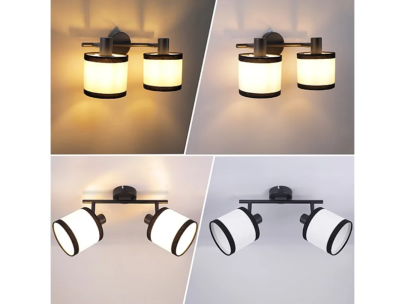 Spot de plafond NETTLIFE noir, lampe de couloir, 2 flammes - Spots de plafond LED E14, plafonnier en tissu, orientable, vintage (sans ampoule)