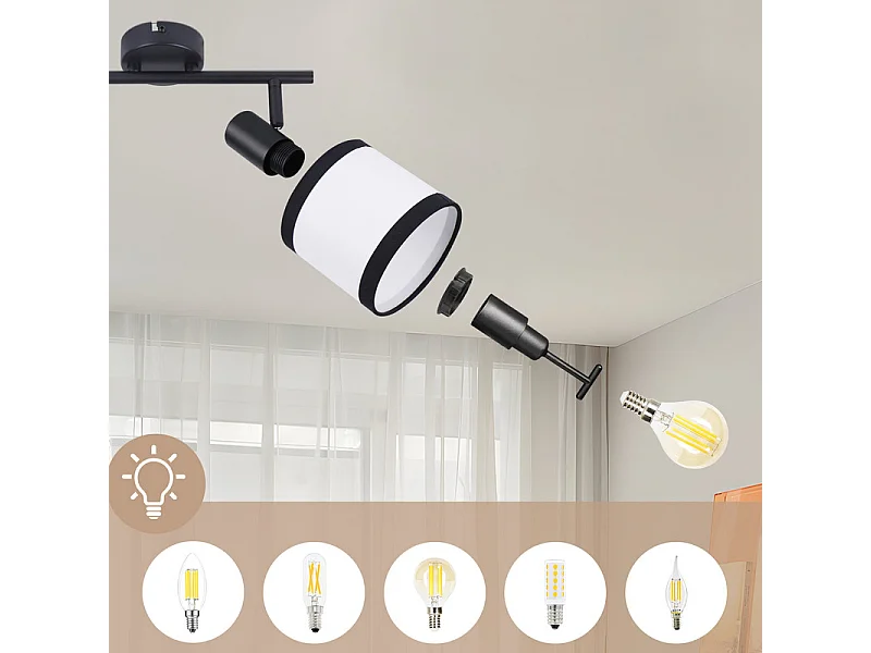 Spot de plafond NETTLIFE noir, lampe de couloir, 2 flammes - Spots de plafond LED E14, plafonnier en tissu, orientable, vintage (sans ampoule)
