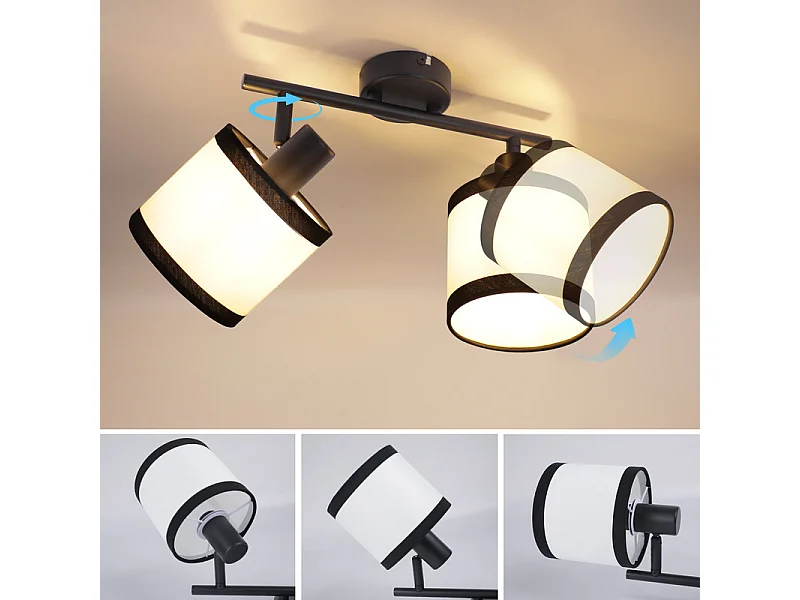 NETTLIFE Zwarte plafondspot, hallamp, 2-vlammig - E14 LED plafondspots, stoffen plafondlamp, verstelbaar, vintage (zonder lamp)