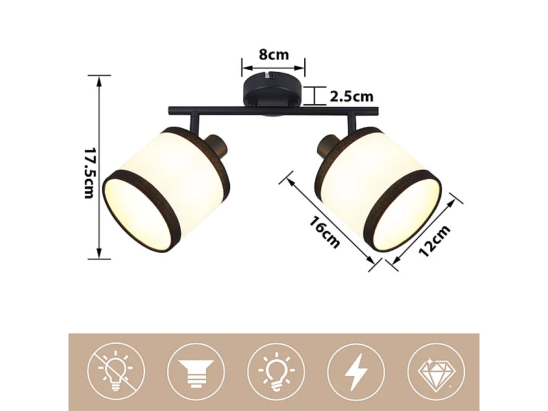 NETTLIFE Zwarte plafondspot, hallamp, 2-vlammig - E14 LED plafondspots, stoffen plafondlamp, verstelbaar, vintage (zonder lamp)