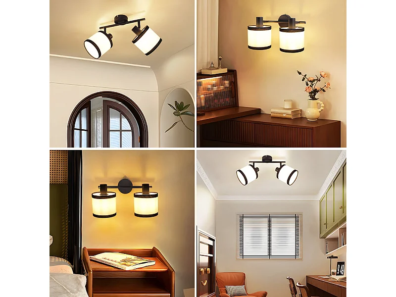 NETTLIFE Zwarte plafondspot, hallamp, 2-vlammig - E14 LED plafondspots, stoffen plafondlamp, verstelbaar, vintage (zonder lamp)