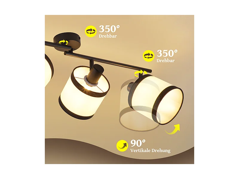 Plafonnier NETTLIFE 4 lampes noir - Spot LED E14 vintage en tissu, pivotant à 350°, pour chambre, salon, cuisine, bureau, couloir (sans ampoule)
