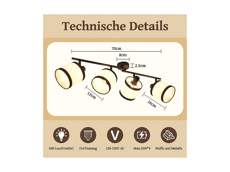 Plafonnier NETTLIFE 4 lampes noir - Spot LED E14 vintage en tissu, pivotant à 350°, pour chambre, salon, cuisine, bureau, couloir (sans ampoule)