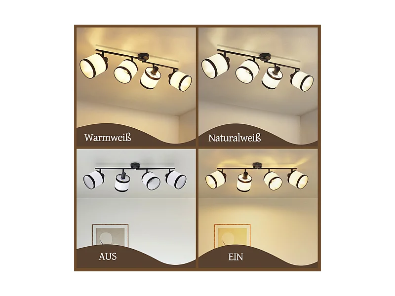 Plafonnier NETTLIFE 4 lampes noir - Spot LED E14 vintage en tissu, pivotant à 350°, pour chambre, salon, cuisine, bureau, couloir (sans ampoule)