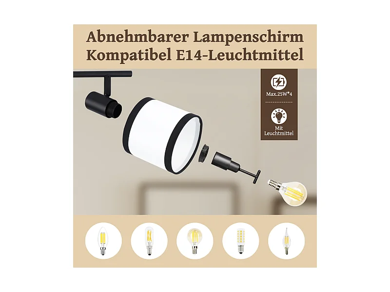 Plafonnier NETTLIFE 4 lampes noir - Spot LED E14 vintage en tissu, pivotant à 350°, pour chambre, salon, cuisine, bureau, couloir (sans ampoule)