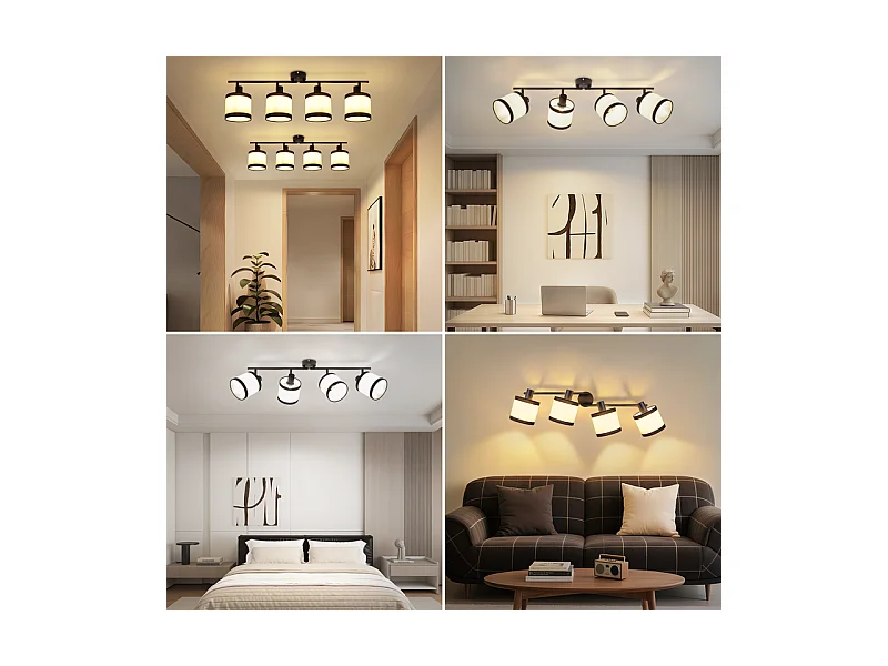 Plafonnier NETTLIFE 4 lampes noir - Spot LED E14 vintage en tissu, pivotant à 350°, pour chambre, salon, cuisine, bureau, couloir (sans ampoule)