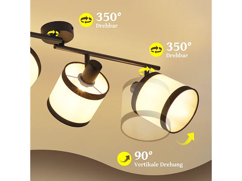 Plafonnier NETTLIFE 4 lampes noir - Spot LED E14 vintage en tissu, pivotant à 350°, pour chambre, salon, cuisine, bureau, couloir (sans ampoule)