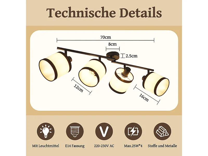 Plafonnier NETTLIFE 4 lampes noir - Spot LED E14 vintage en tissu, pivotant à 350°, pour chambre, salon, cuisine, bureau, couloir (sans ampoule)