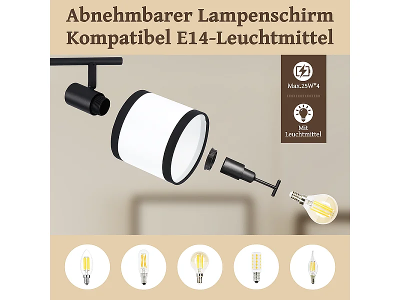 Plafonnier NETTLIFE 4 lampes noir - Spot LED E14 vintage en tissu, pivotant à 350°, pour chambre, salon, cuisine, bureau, couloir (sans ampoule)
