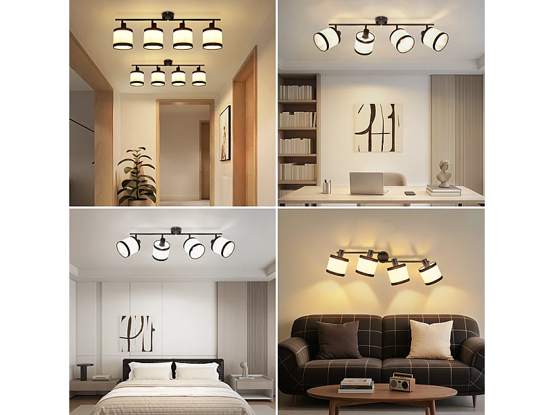Plafonnier NETTLIFE 4 lampes noir - Spot LED E14 vintage en tissu, pivotant à 350°, pour chambre, salon, cuisine, bureau, couloir (sans ampoule)