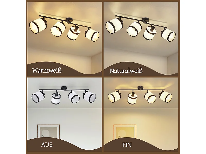 NETTLIFE 4-lichts zwarte plafondlamp - Vintage stoffen E14 LED-spot, 350° draaibaar, voor slaapkamer, woonkamer, keuken, kantoor, gang (zonder lamp)