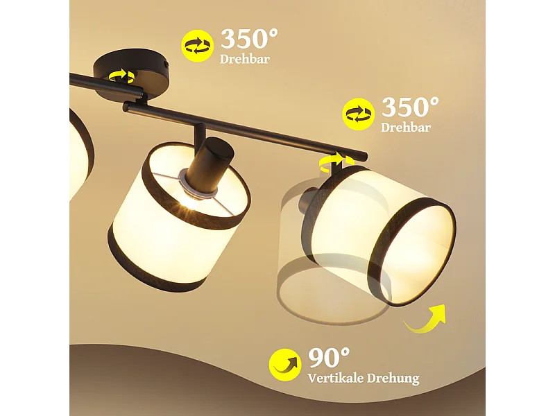 Plafonnier NETTLIFE 4 lampes noir - Spot LED E14 vintage en tissu, pivotant à 350°, pour chambre, salon, cuisine, bureau, couloir (sans ampoule)