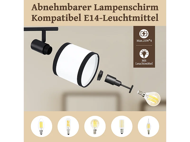 Plafonnier NETTLIFE 4 lampes noir - Spot LED E14 vintage en tissu, pivotant à 350°, pour chambre, salon, cuisine, bureau, couloir (sans ampoule)