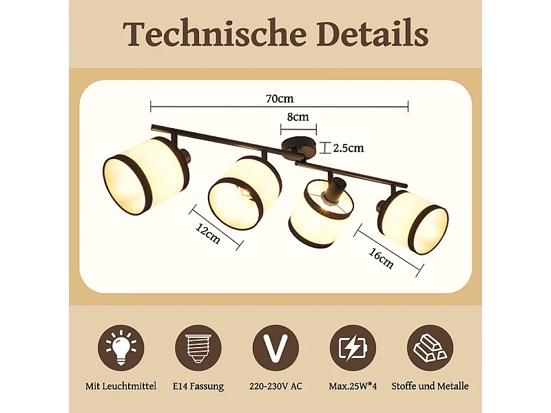 NETTLIFE 4-lichts zwarte plafondlamp - Vintage stoffen E14 LED-spot, 350° draaibaar, voor slaapkamer, woonkamer, keuken, kantoor, gang (zonder lamp)