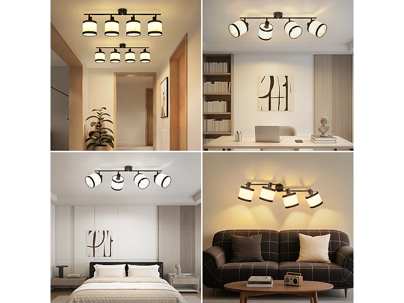 NETTLIFE 4-lichts zwarte plafondlamp - Vintage stoffen E14 LED-spot, 350° draaibaar, voor slaapkamer, woonkamer, keuken, kantoor, gang (zonder lamp)
