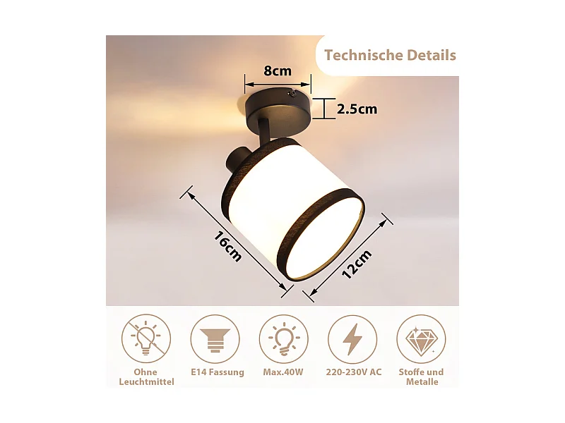 Spot de plafond NETTLIFE 1 flamme, lampe de couloir noire - Plafonnier en tissu E14, orientable, vintage, rétro(sans ampoule)