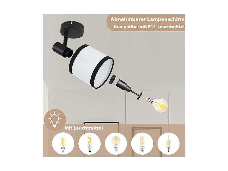 Spot de plafond NETTLIFE 1 flamme, lampe de couloir noire - Plafonnier en tissu E14, orientable, vintage, rétro(sans ampoule)