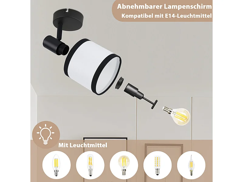 Spot de plafond NETTLIFE 1 flamme, lampe de couloir noire - Plafonnier en tissu E14, orientable, vintage, rétro(sans ampoule)