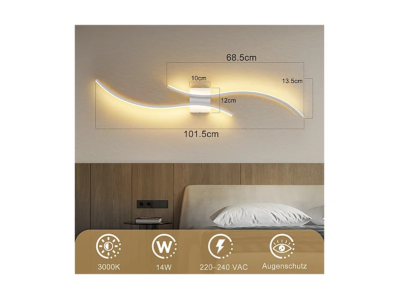 NETTLIFE LED-wandlamp voor binnen - 14W hallamp 100CM witte traplamp modern golfdesign 3000K