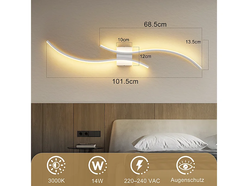 NETTLIFE Applique murale LED d'intérieur - 14W lampe de couloir 100CM lampe d'escalier blanche design vague moderne 3000K