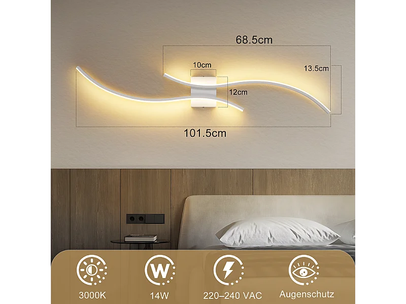 NETTLIFE Applique murale LED d'intérieur - 14W lampe de couloir 100CM lampe d'escalier blanche design vague moderne 3000K