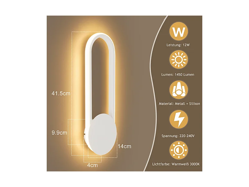 NETTLIFE Applique murale LED d'intérieur - Lampe d'escalier 12W 41cm Lampe de couloir blanche Design moderne 3000K