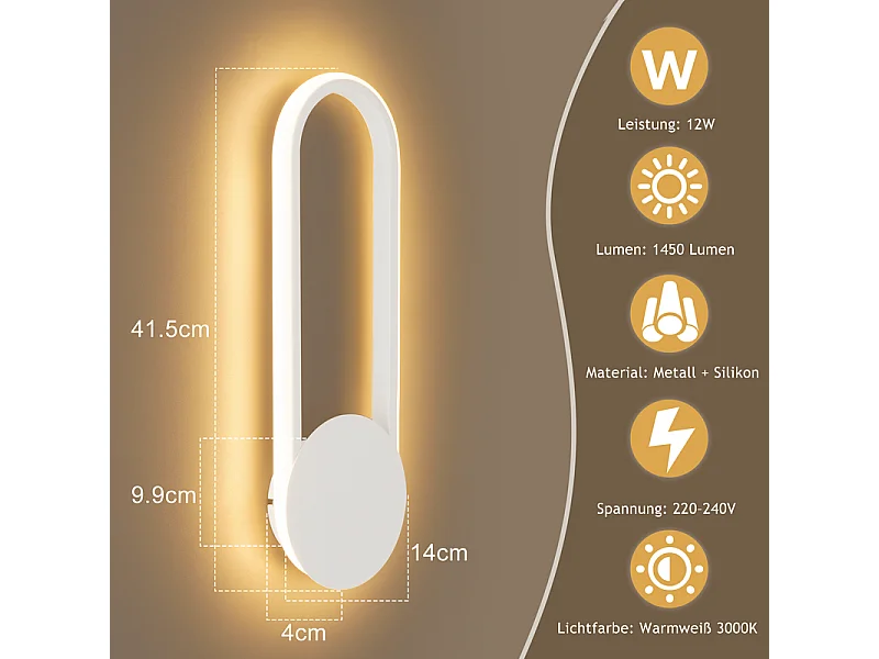 NETTLIFE Applique murale LED d'intérieur - Lampe d'escalier 12W 41cm Lampe de couloir blanche Design moderne 3000K