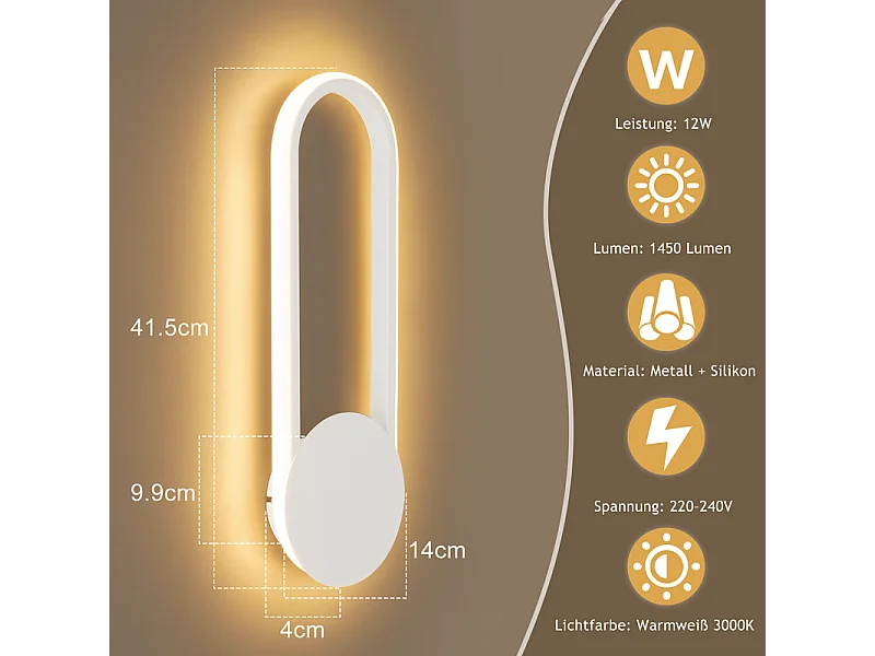 NETTLIFE Applique murale LED d'intérieur - Lampe d'escalier 12W 41cm Lampe de couloir blanche Design moderne 3000K