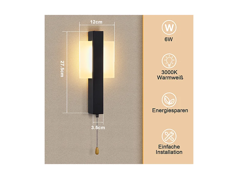 Applique murale LED Nettlife d'intérieur avec interrupteur - Lampe de couloir noire au design moderne 3000 K Blanc chaud 6W