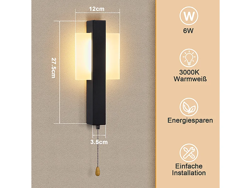 Applique murale LED Nettlife d'intérieur avec interrupteur - Lampe de couloir noire au design moderne 3000 K Blanc chaud 6W