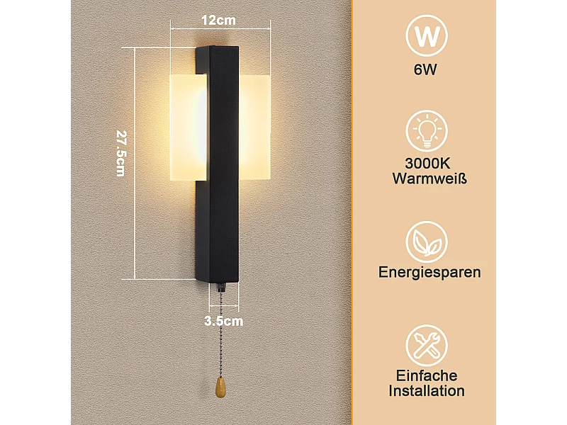 Applique murale LED Nettlife d'intérieur avec interrupteur - Lampe de couloir noire au design moderne 3000 K Blanc chaud 6W