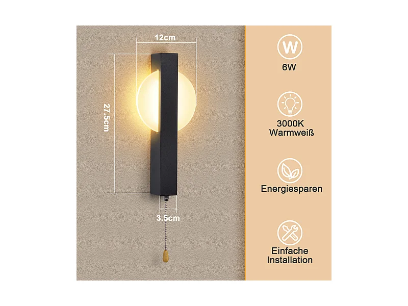 Applique murale LED Nettlife avec interrupteur - Lampe de couloir d'intérieur noire avec interrupteur à tirette, blanc chaud 3000 K, 6W
