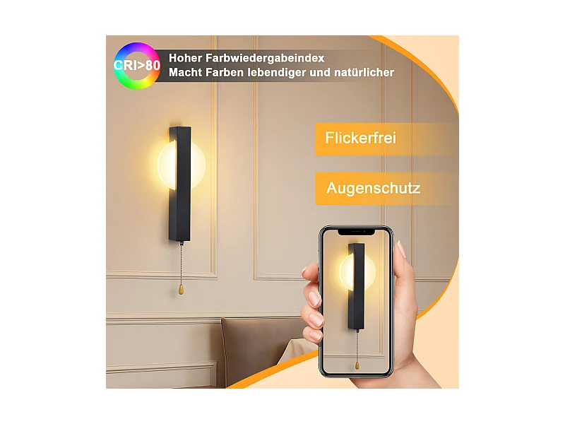 Applique murale LED Nettlife avec interrupteur - Lampe de couloir d'intérieur noire avec interrupteur à tirette, blanc chaud 3000 K, 6W