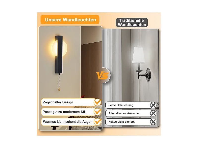 Applique murale LED Nettlife avec interrupteur - Lampe de couloir d'intérieur noire avec interrupteur à tirette, blanc chaud 3000 K, 6W