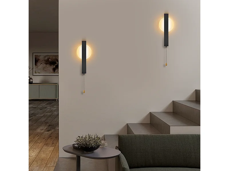 Applique murale LED Nettlife avec interrupteur - Lampe de couloir d'intérieur noire avec interrupteur à tirette, blanc chaud 3000 K, 6W