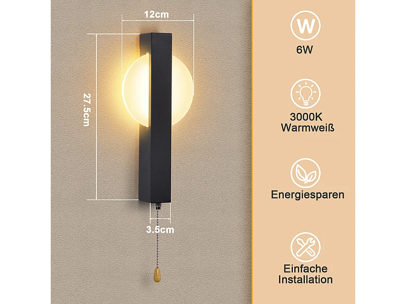 Applique murale LED Nettlife avec interrupteur - Lampe de couloir d'intérieur noire avec interrupteur à tirette, blanc chaud 3000 K, 6W