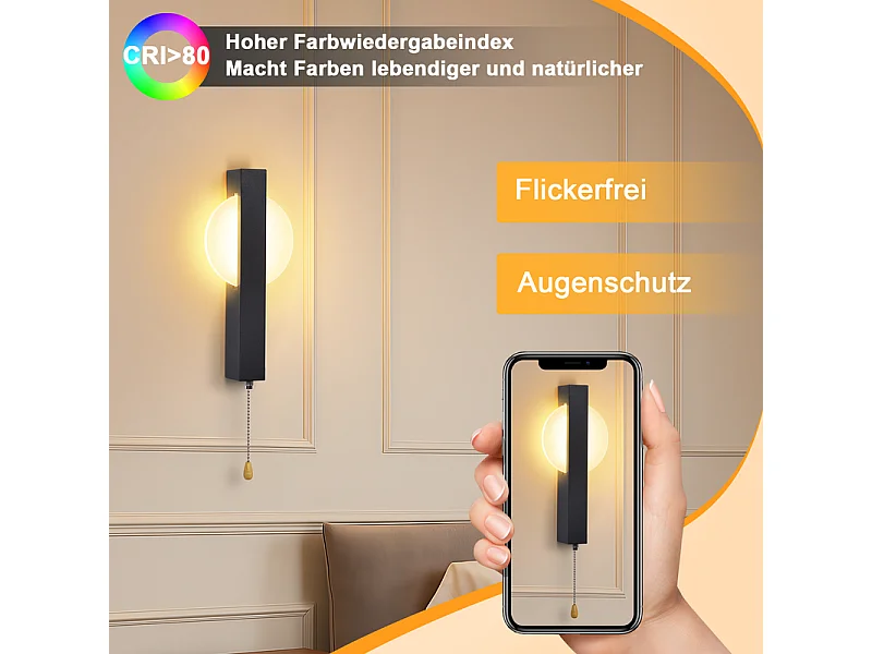 Applique murale LED Nettlife avec interrupteur - Lampe de couloir d'intérieur noire avec interrupteur à tirette, blanc chaud 3000 K, 6W