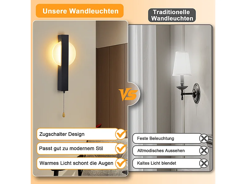 Applique murale LED Nettlife avec interrupteur - Lampe de couloir d'intérieur noire avec interrupteur à tirette, blanc chaud 3000 K, 6W