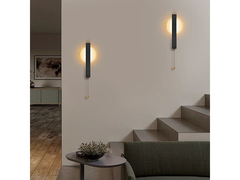 Applique murale LED Nettlife avec interrupteur - Lampe de couloir d'intérieur noire avec interrupteur à tirette, blanc chaud 3000 K, 6W