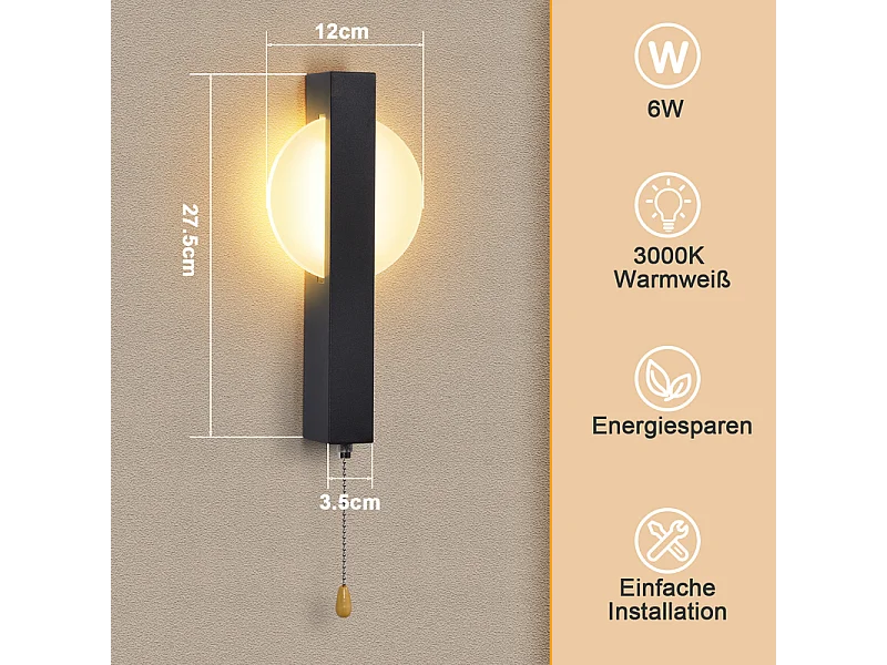 Applique murale LED Nettlife avec interrupteur - Lampe de couloir d'intérieur noire avec interrupteur à tirette, blanc chaud 3000 K, 6W